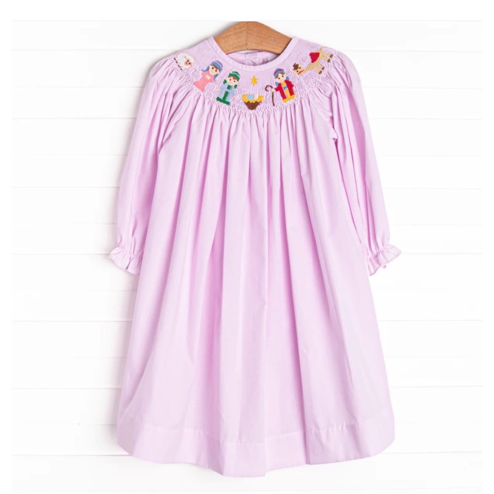 Stitchy Fish Away in a Manger Smocked Bishop Dress, Pink